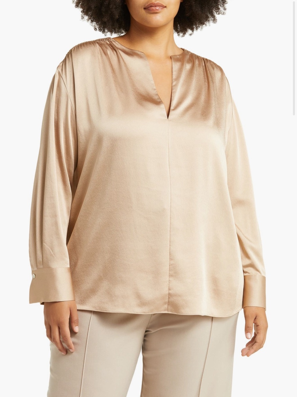 Vince Satin Keyhole Blouse in Warm Champagne Brown